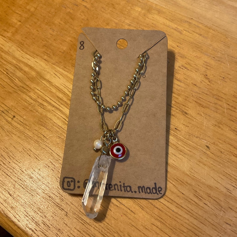 Gold Evil Eye Pendant Necklace with Crystal Charm